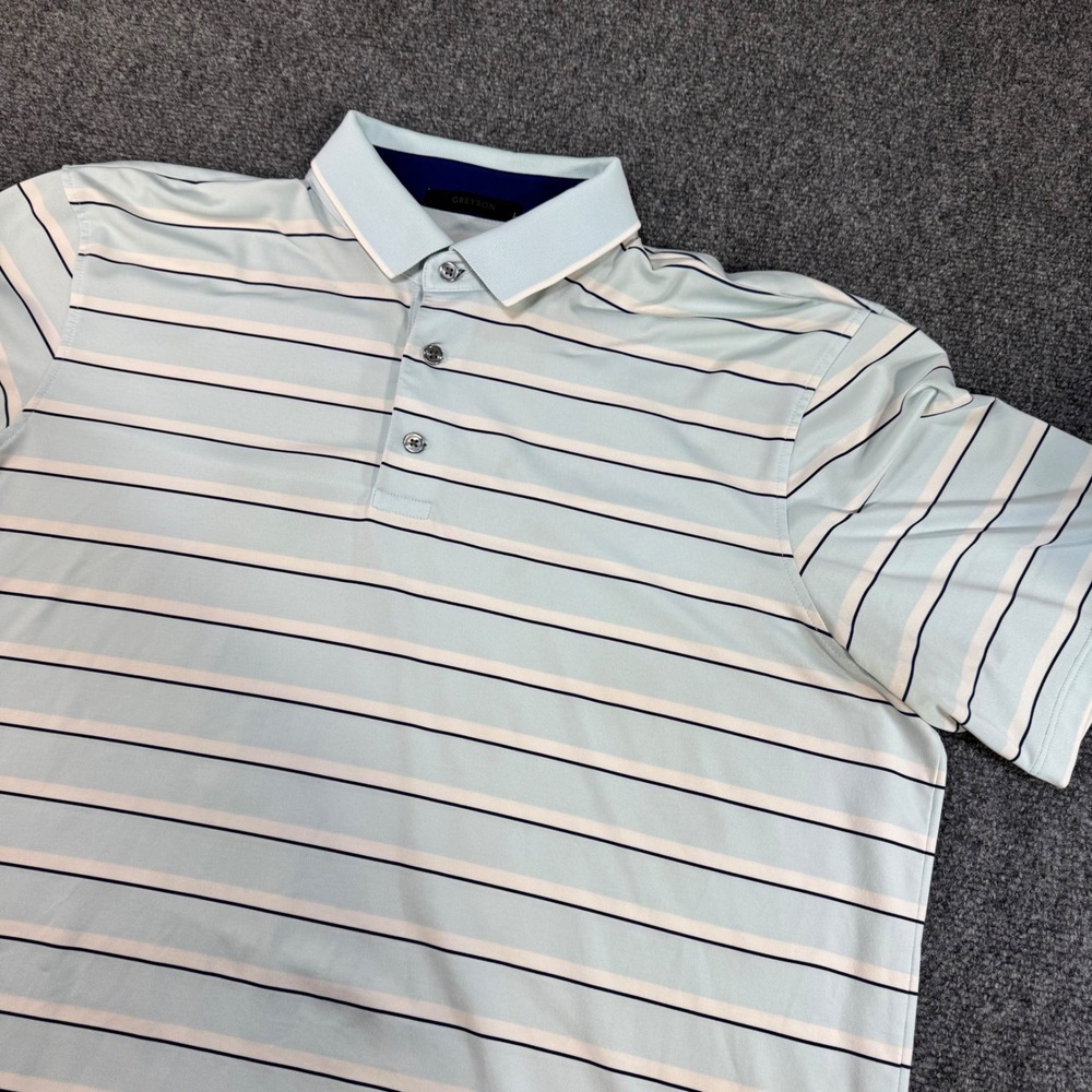Greyson Mens Large Striped Performance Golf Polo Shirt Light Blue Short Sleeve